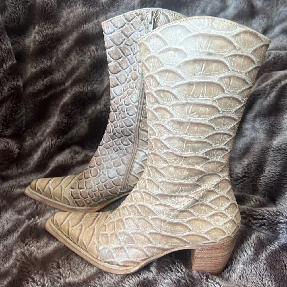 VINCENT Ankle Boots Beige Leather Croco Print Exterior Made in Italy Size 36.